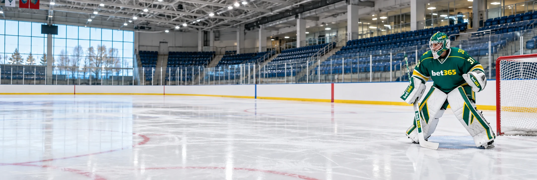 Adult hockey goalkeeper in a green and yellow bet365 jersey beside a goal at a Canadian ice rink