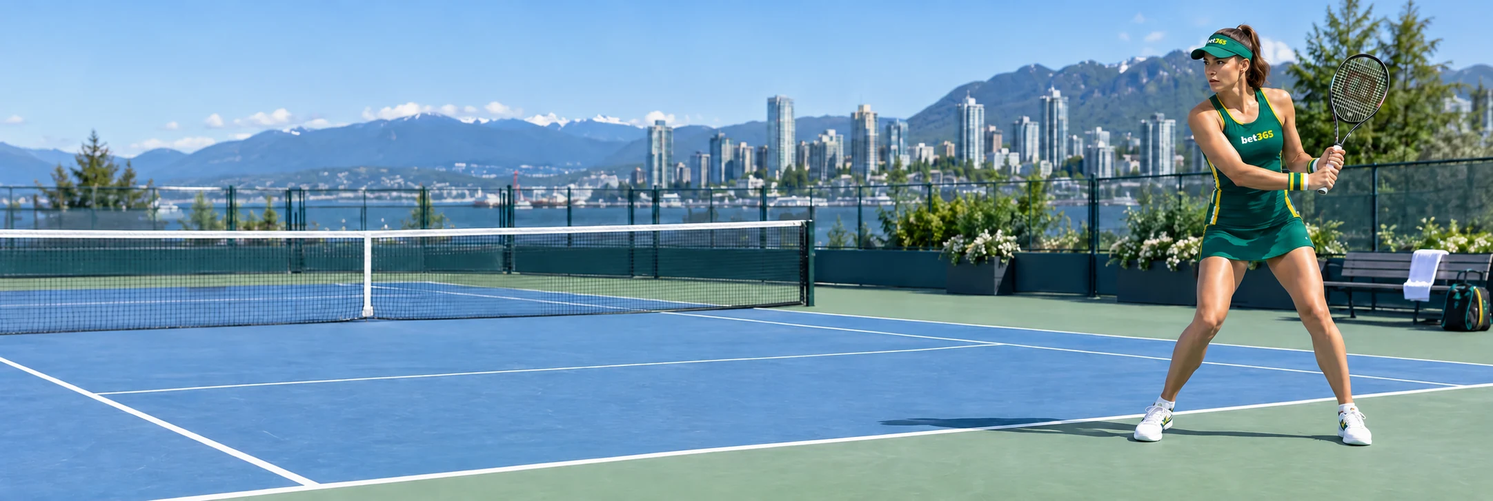 Adult tennis player in a green and yellow bet365 outfit on a Vancouver court