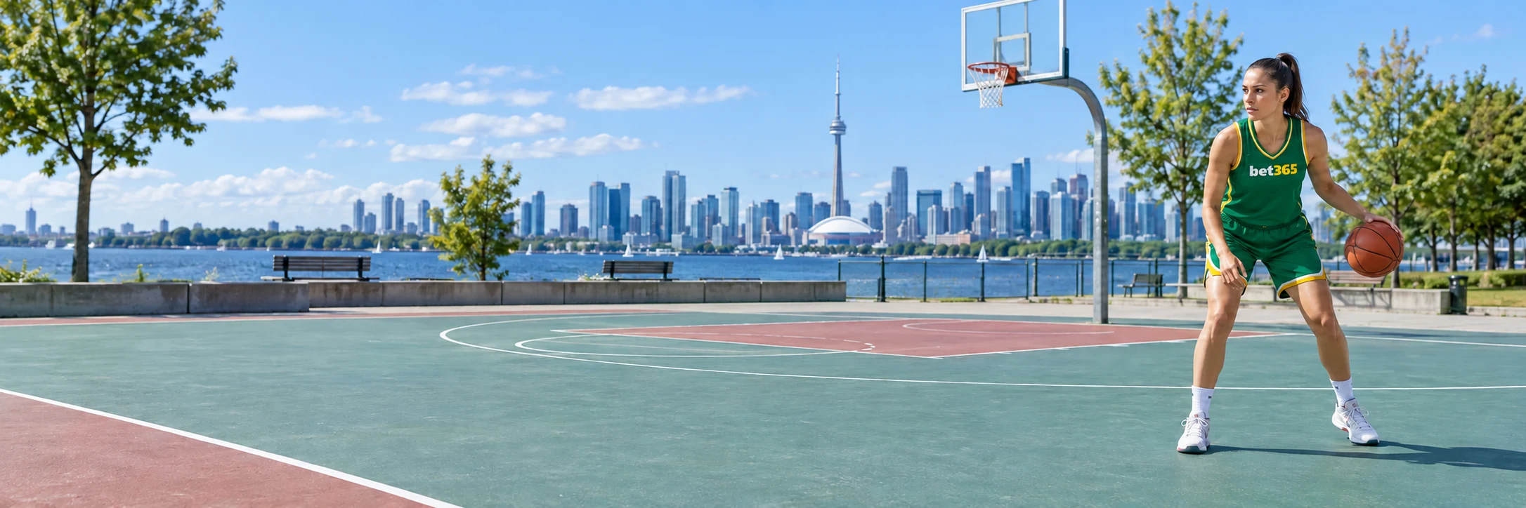 Adult basketball player in a green and yellow bet365 uniform on a Toronto waterfront court