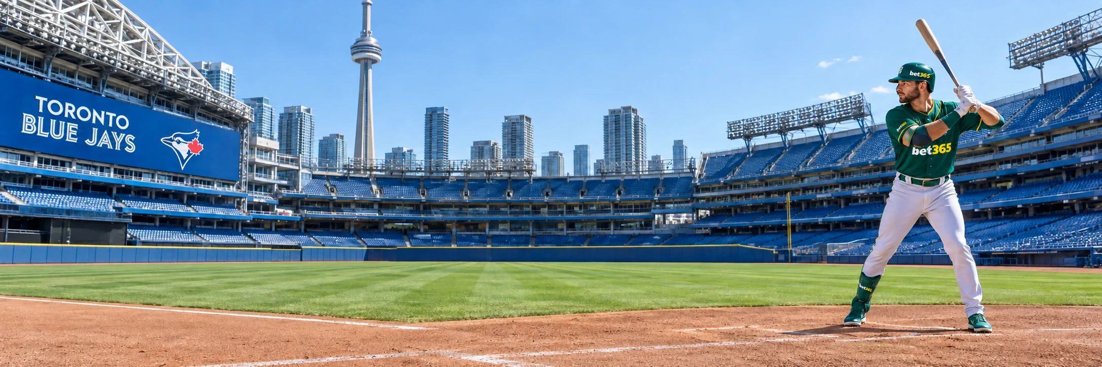 Adult baseball batter in a green and yellow bet365 jersey in a Toronto stadium