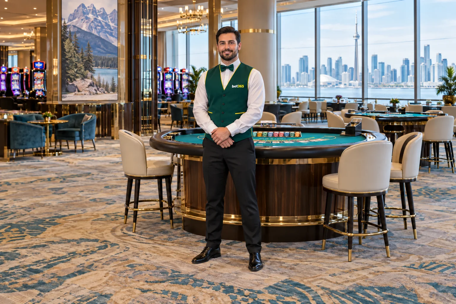 Fictional adult dealer beside a roulette table in a Toronto casino, wearing bet365 colours