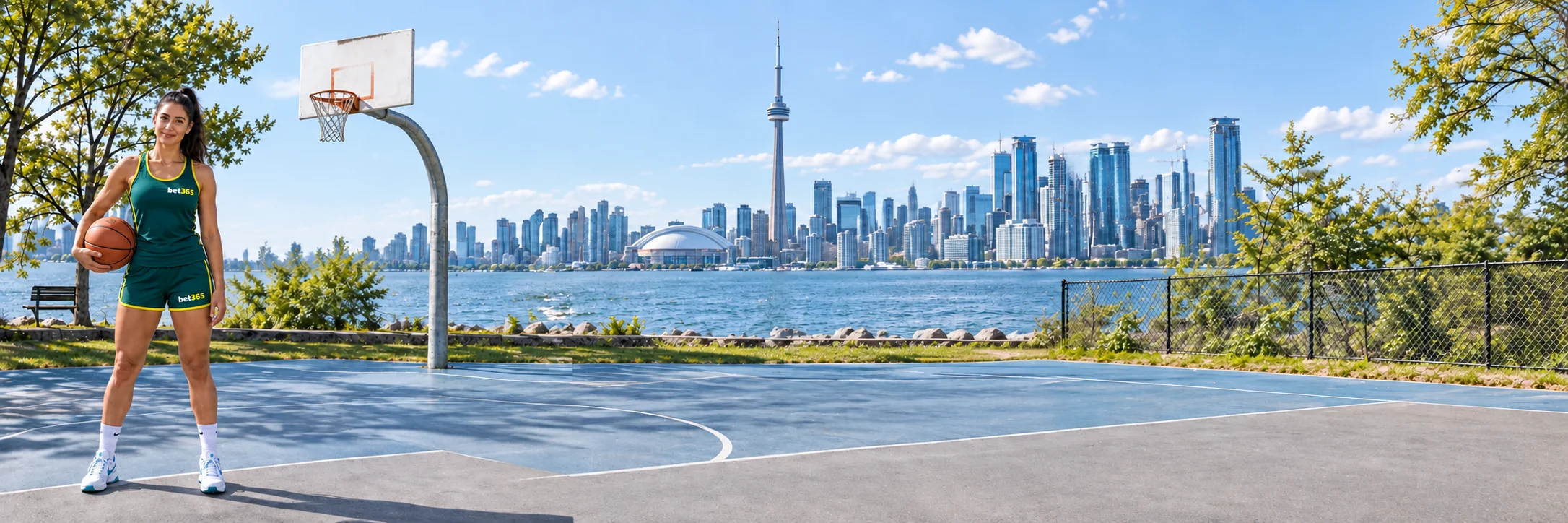 Fictional adult basketball player on a Toronto waterfront court in bet365 colours