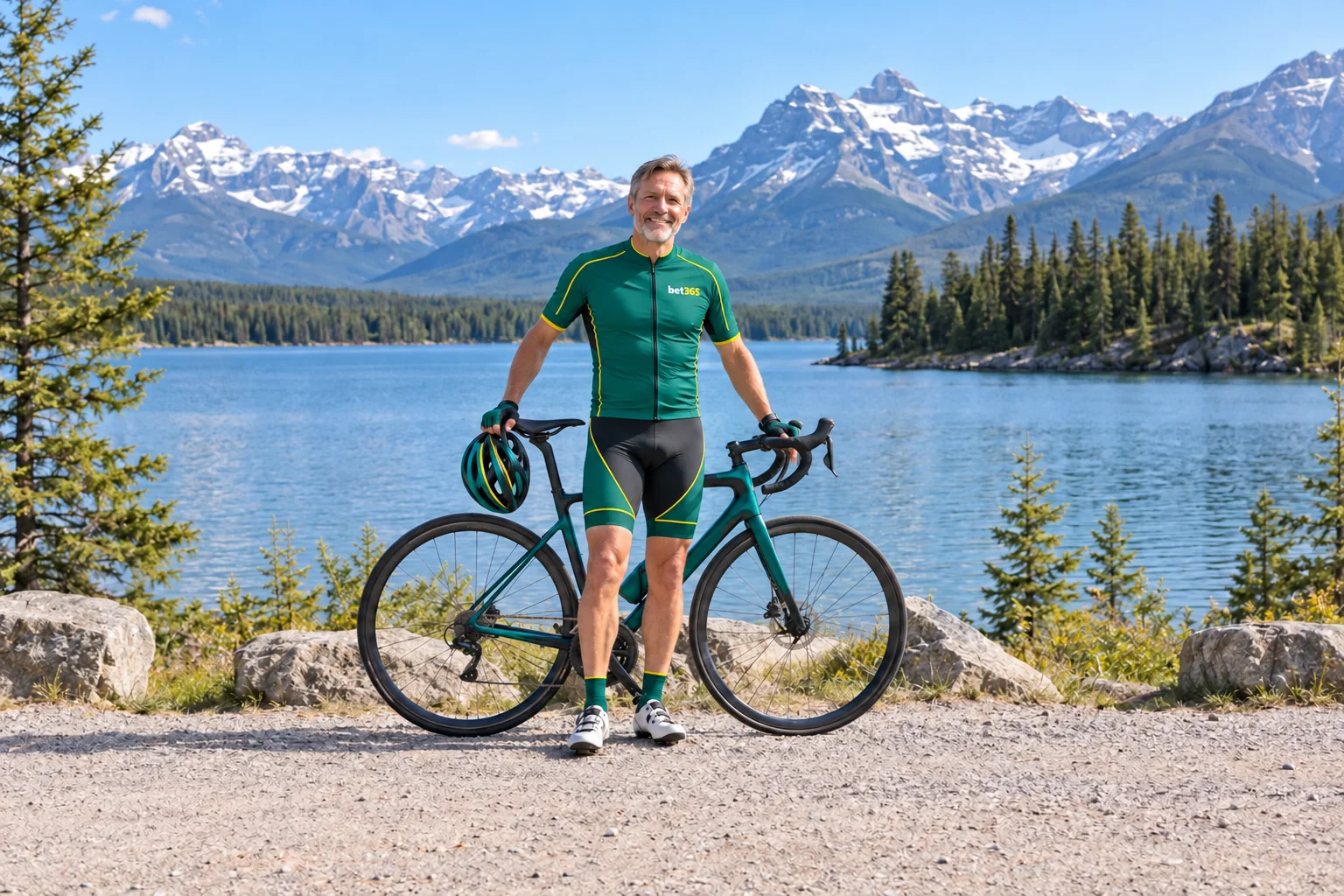 Fictional adult cyclist beside a bicycle at a Canadian alpine lake in bet365 colours