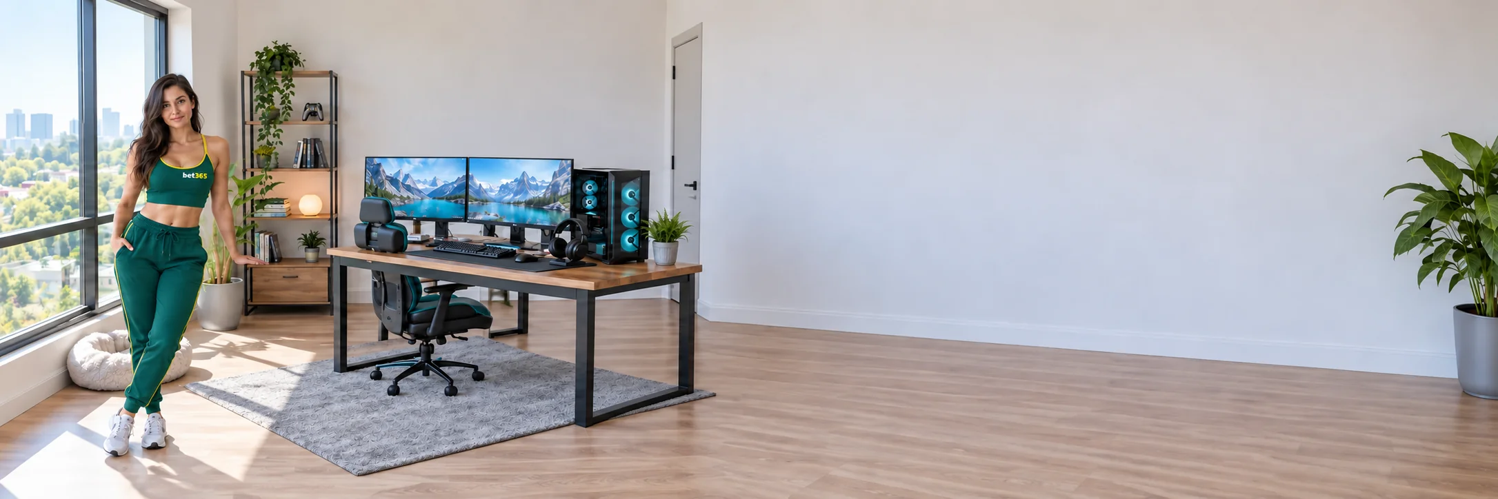 Fictional adult beside a gaming computer in a Canadian apartment in bet365 colours