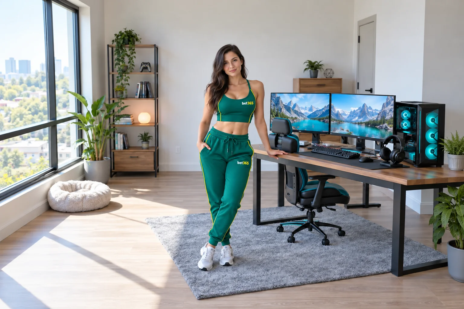 Fictional adult beside a gaming computer in a Canadian apartment in bet365 colours