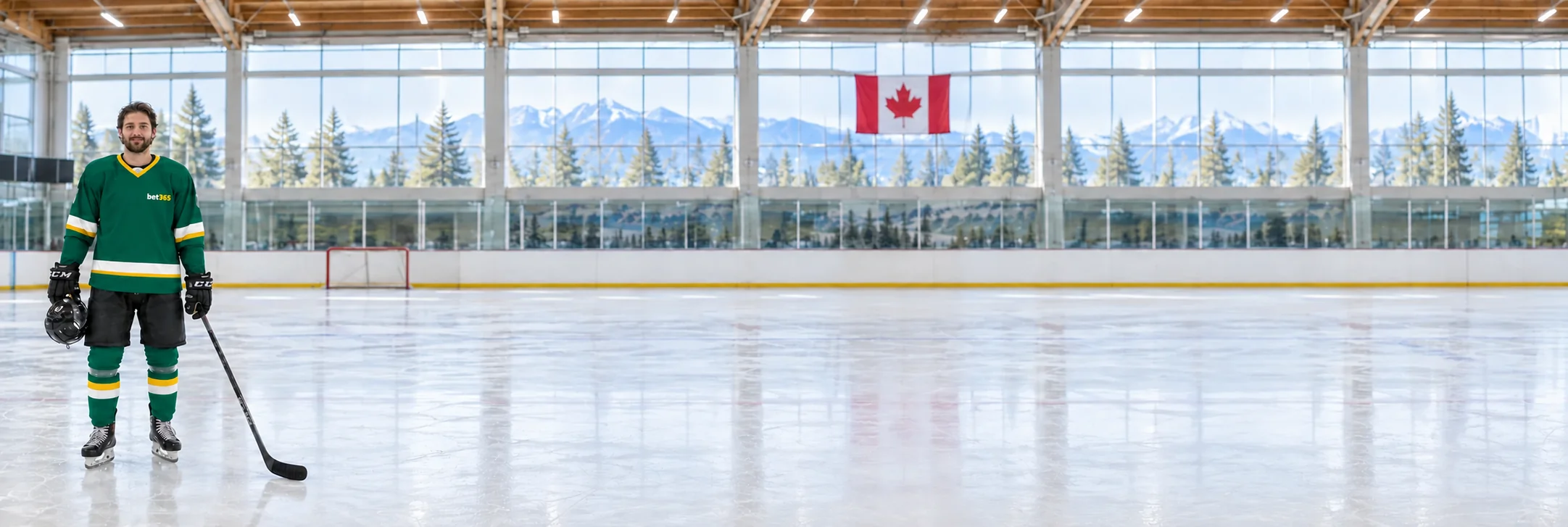 Fictional adult hockey player holding a stick on a Canadian ice rink in bet365 colours