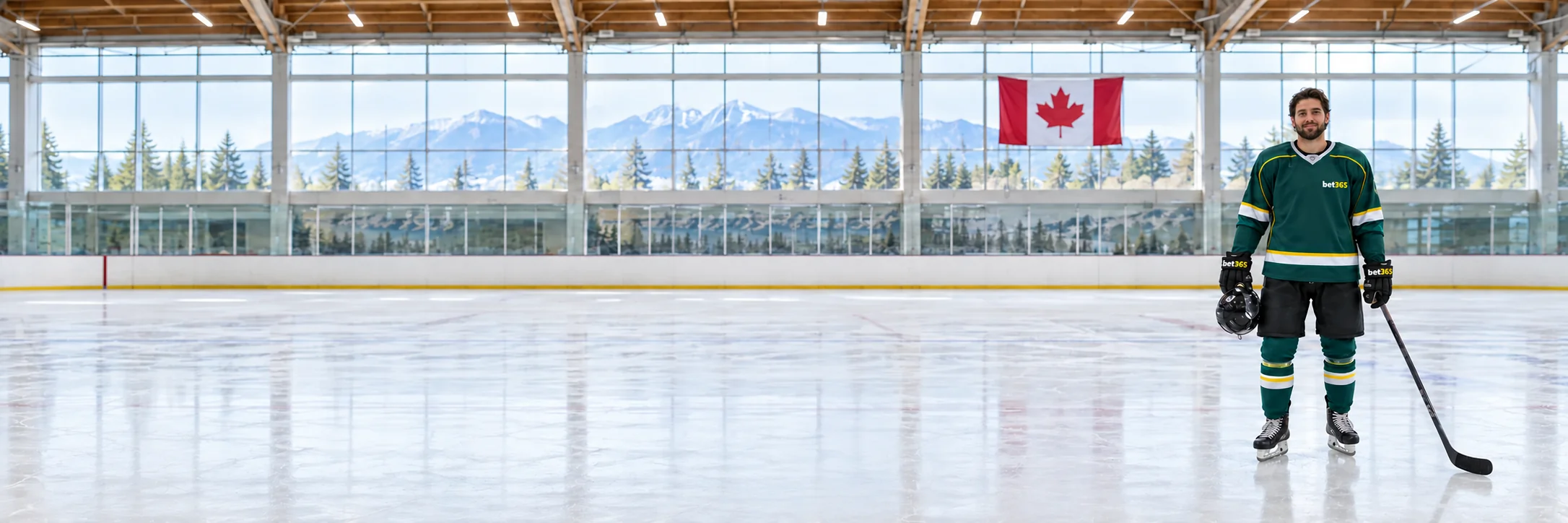 Fictional adult hockey player holding a stick on a Canadian ice rink in bet365 colours