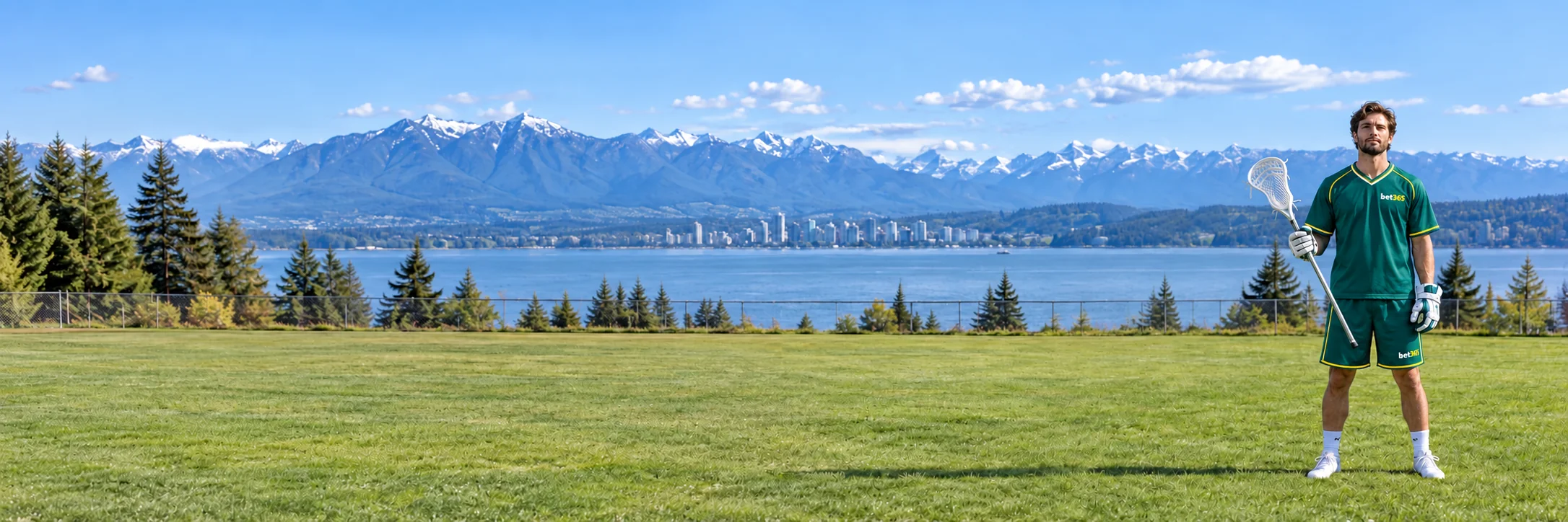 Fictional adult lacrosse player holding a stick beside a Canadian waterfront in bet365 colours