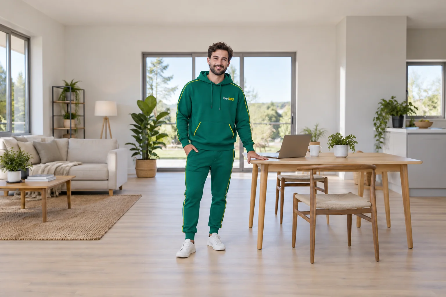 Fictional adult beside a laptop in a bright Canadian home in bet365 colours