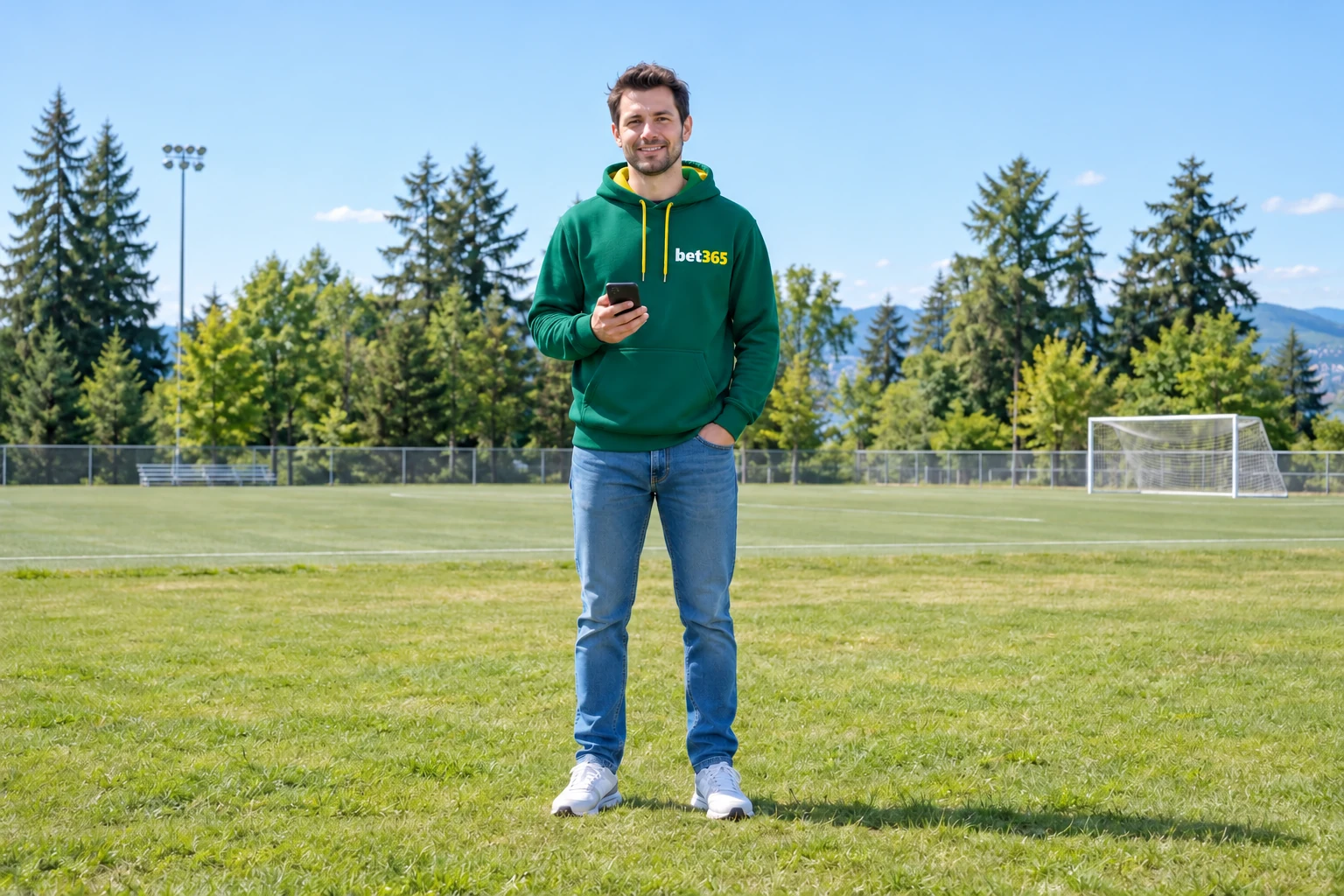 Fictional adult with a smartphone on a Canadian soccer field