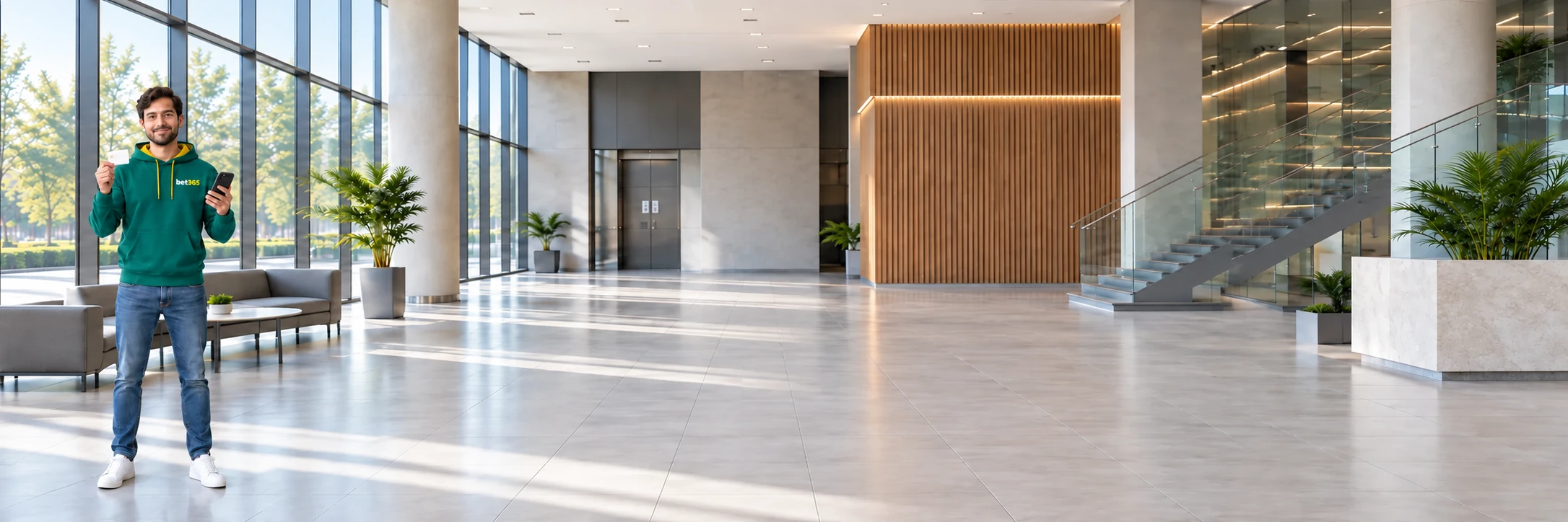Fictional adult holding a bank card and smartphone at the left of a bright lobby