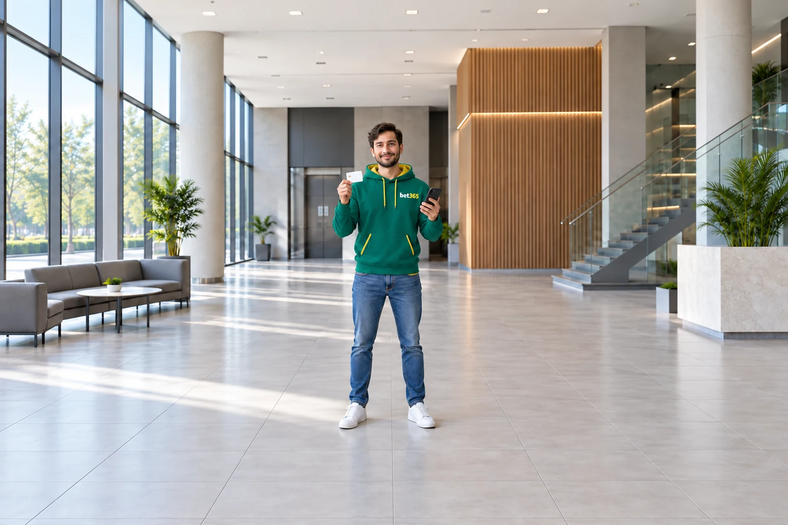 Fictional adult holding a bank card and smartphone in a bright lobby