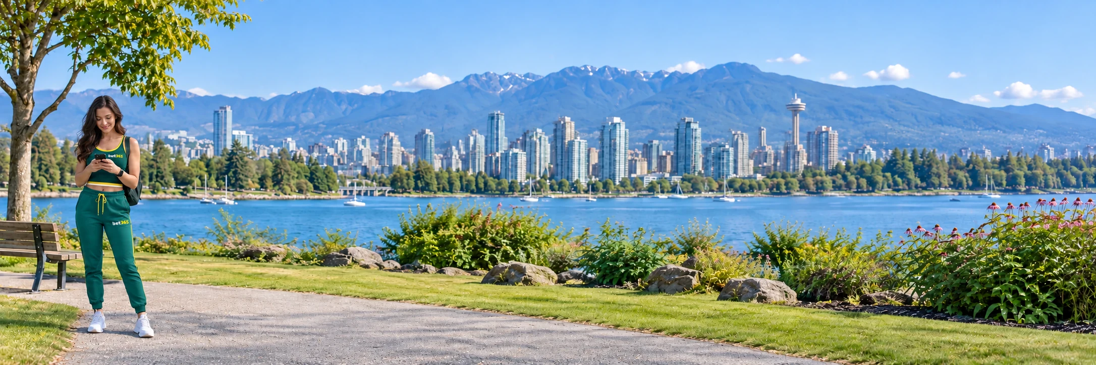 Fictional adult using a smartphone at the left of a Vancouver waterfront path