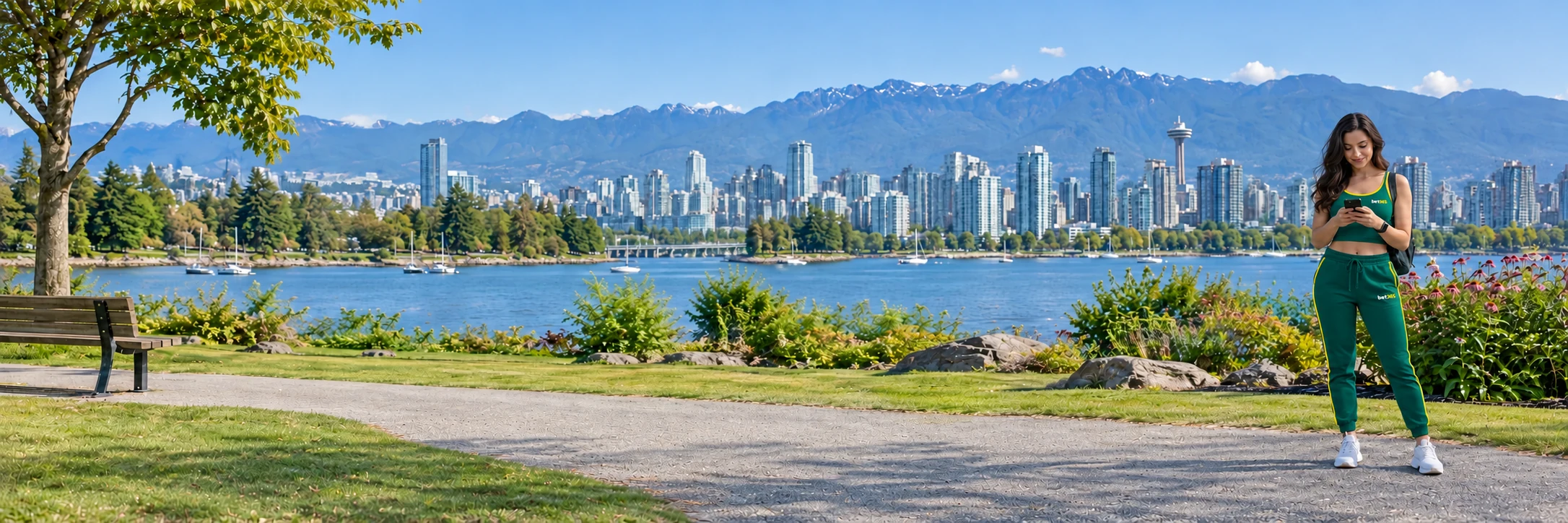 Fictional adult using a smartphone at the right of a Vancouver waterfront path