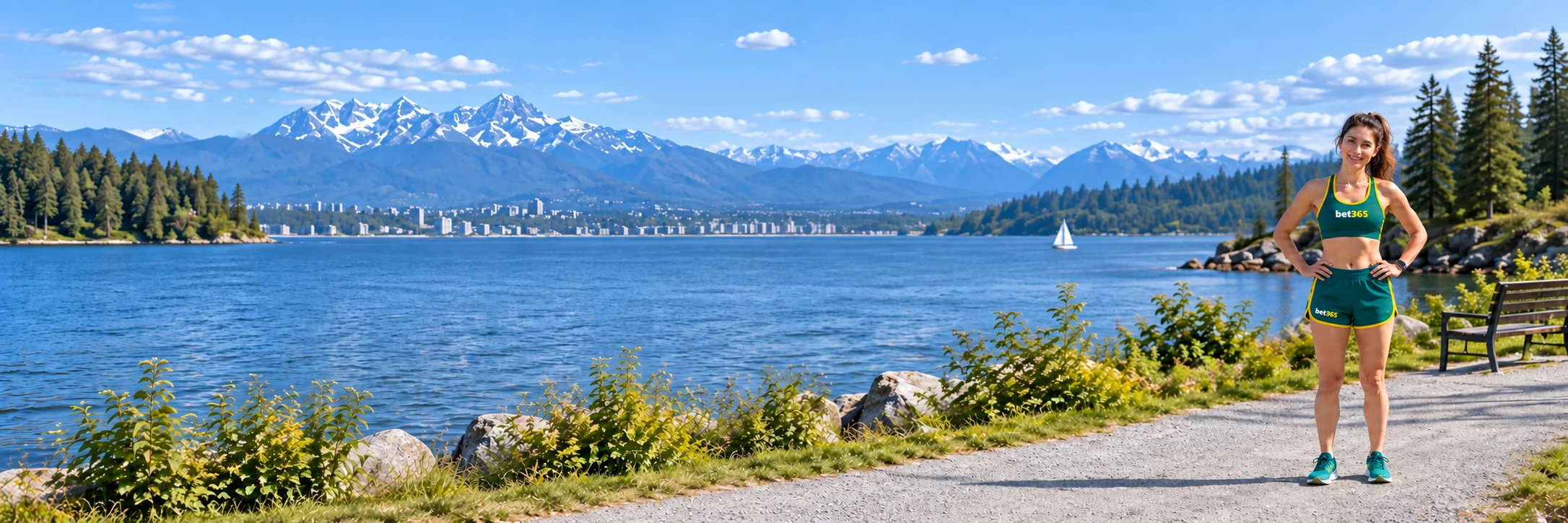 Fictional adult runner standing at the right of a mountain lake path