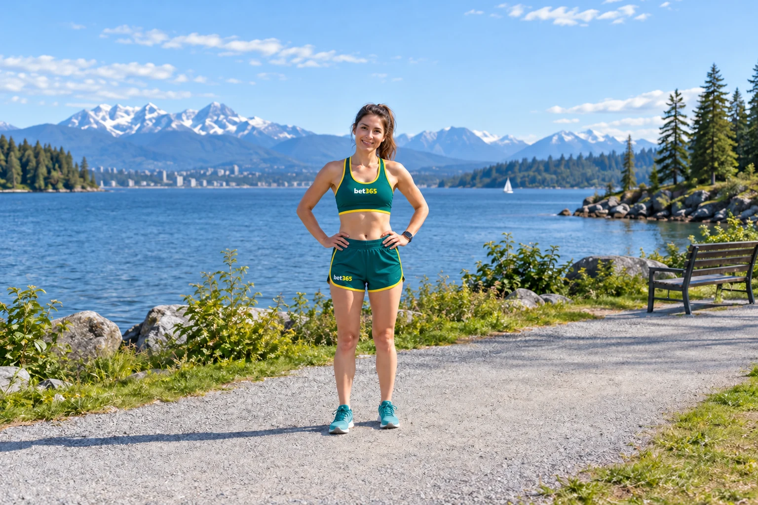 Fictional adult runner on a mountain lake path