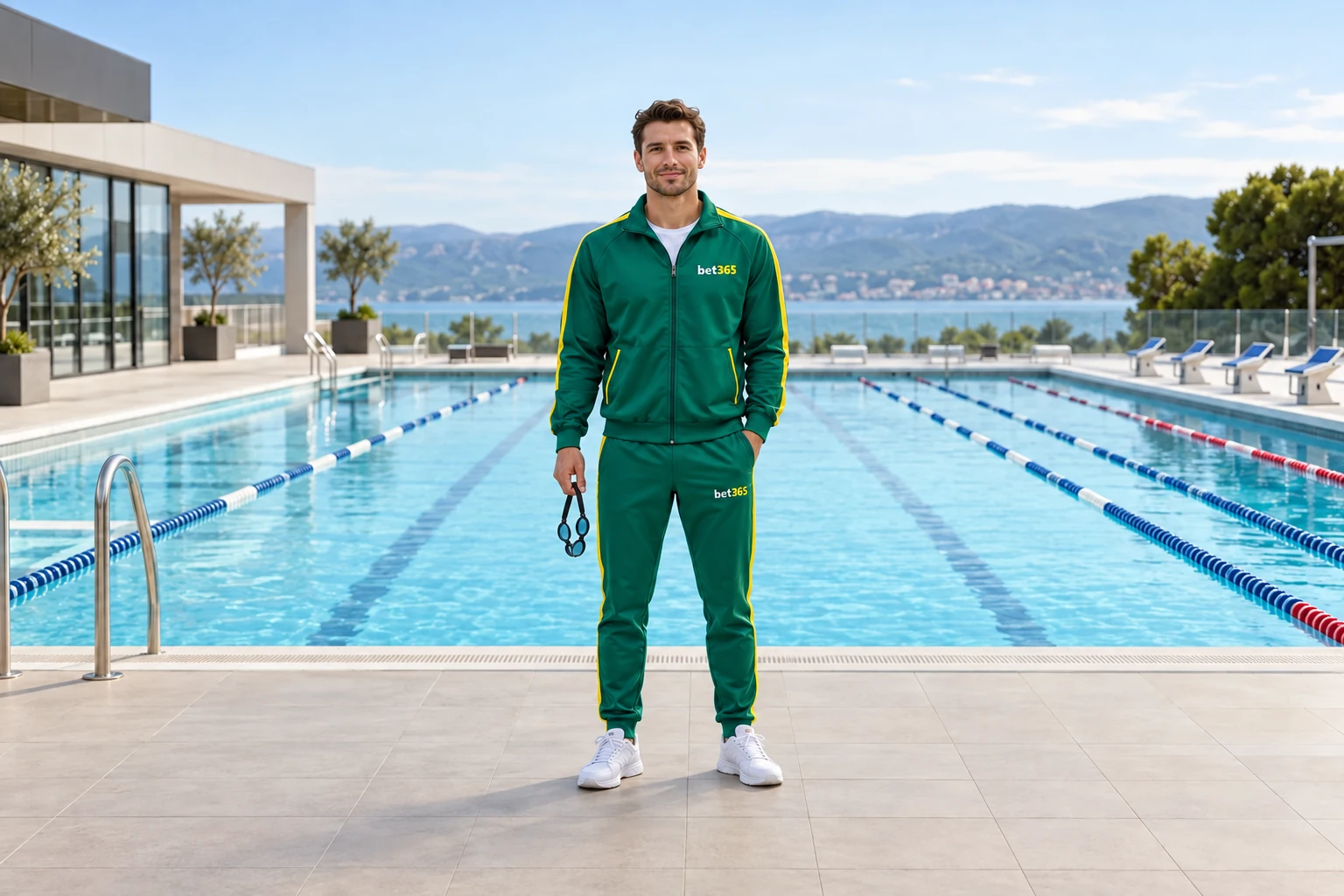 Fictional adult swimmer holding goggles beside an outdoor lap pool