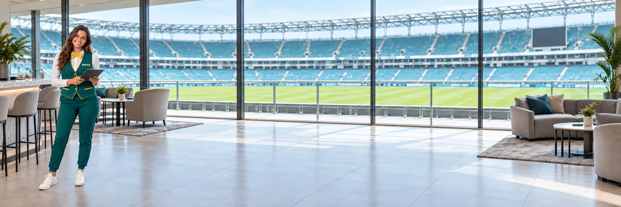 Fictional adult holding a tablet at the left of a stadium lounge