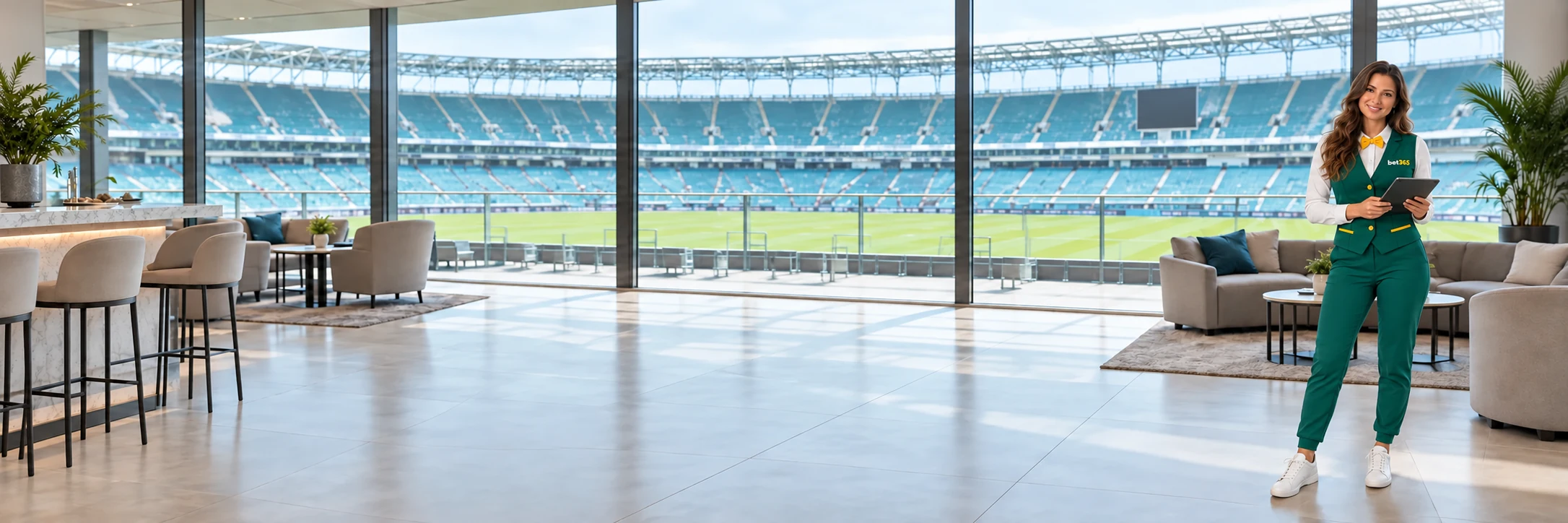 Fictional adult holding a tablet at the right of a stadium lounge