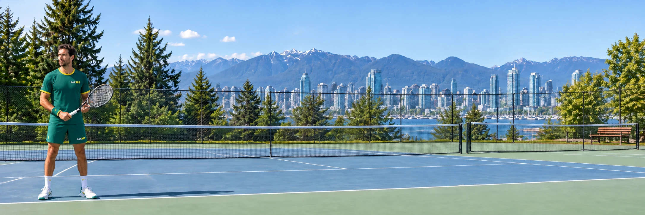 Fictional adult tennis player with a racket at the left of a Vancouver court