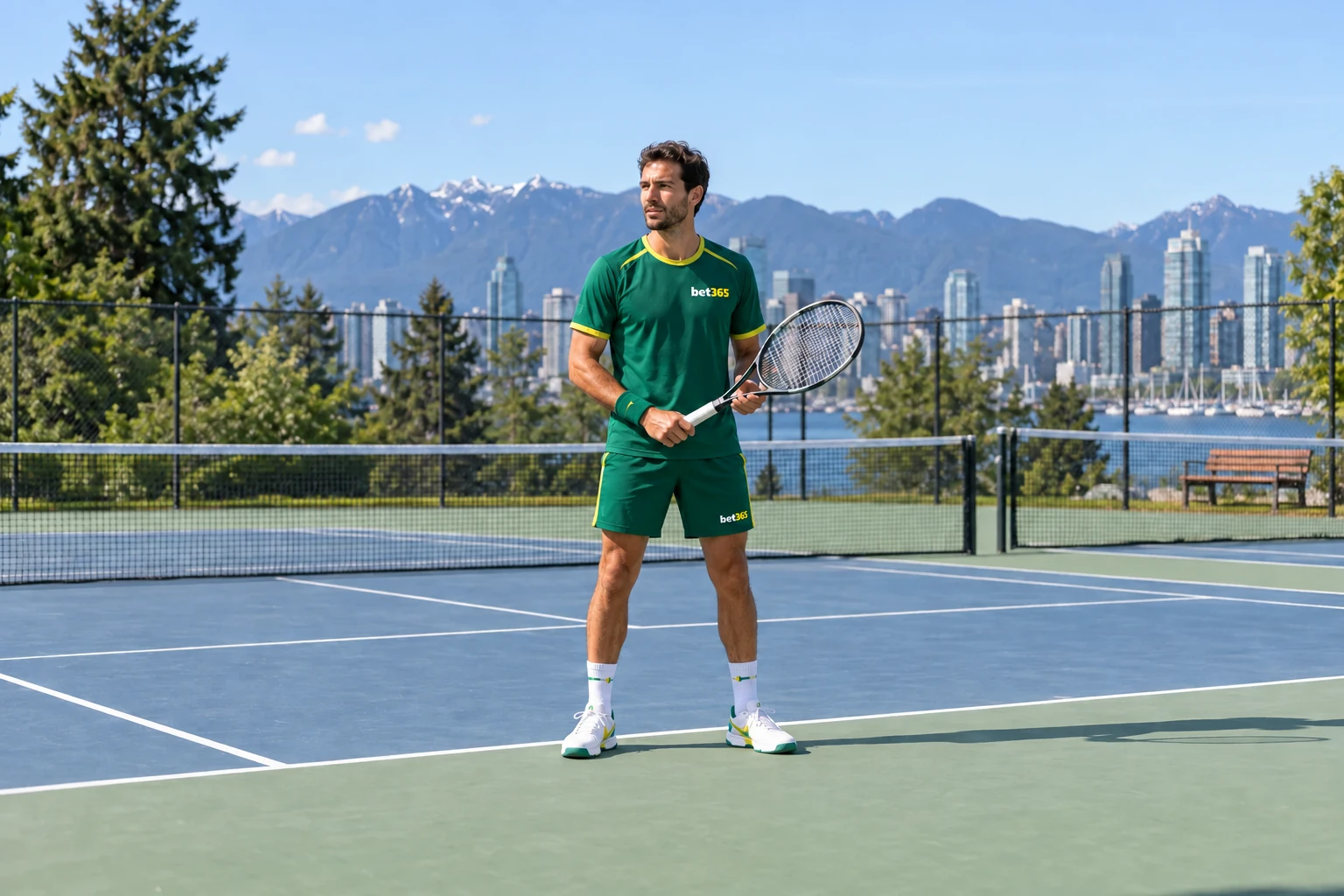 Fictional adult tennis player with a racket on a Vancouver court