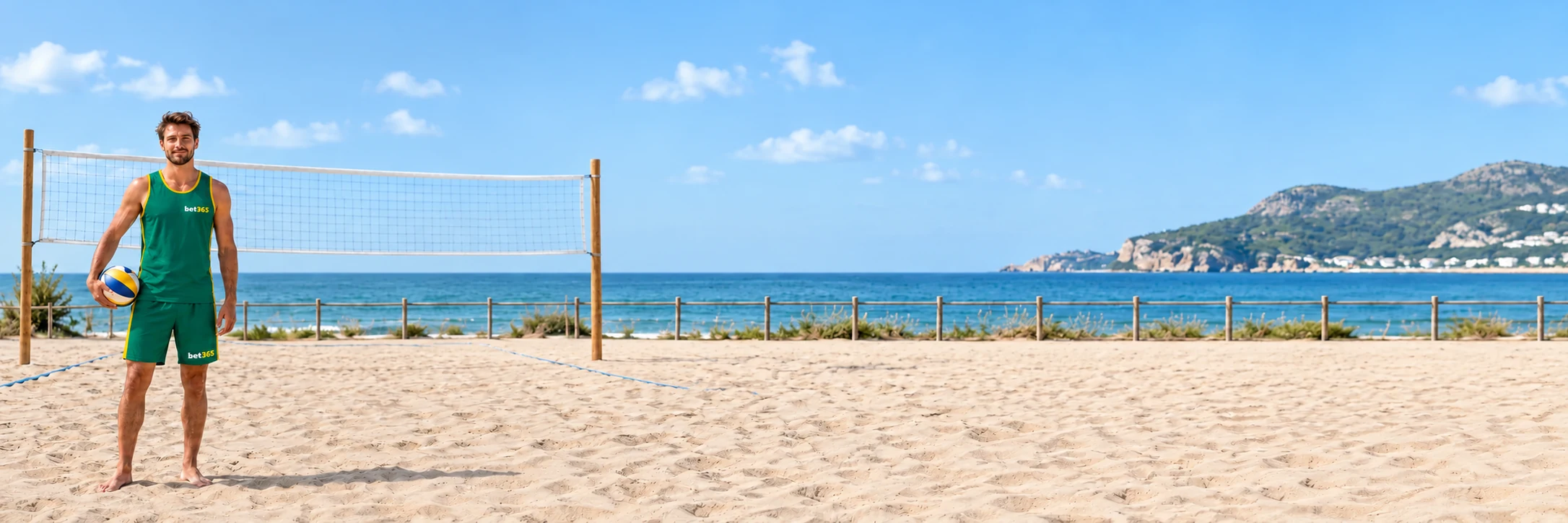 Fictional adult volleyball player holding a ball at the left of a beach court